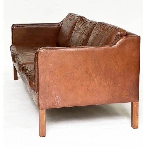 470 - AFTER BORGE MORGENSEN 2213 STYLE SOFA, three seater mid tan brown leather and teak supports, 200cm W... 