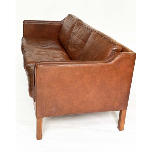 470 - AFTER BORGE MORGENSEN 2213 STYLE SOFA, three seater mid tan brown leather and teak supports, 200cm W... 