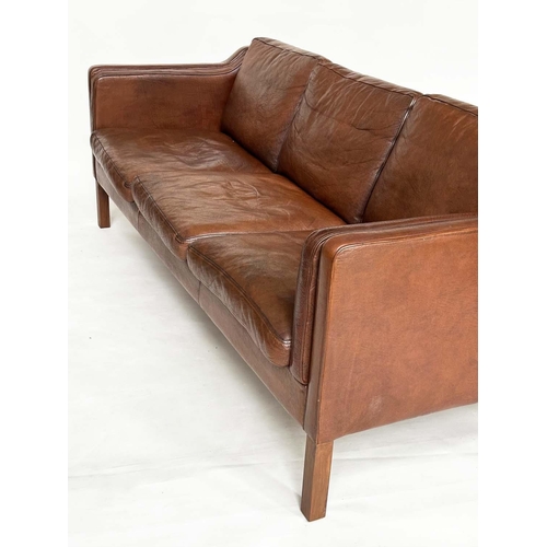 470 - AFTER BORGE MORGENSEN 2213 STYLE SOFA, three seater mid tan brown leather and teak supports, 200cm W... 