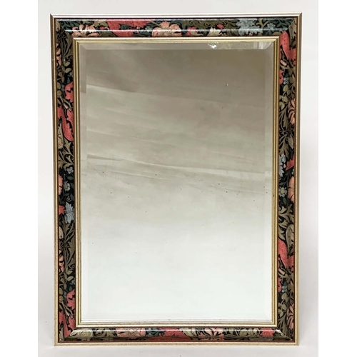 474 - WALL MIRROR, rectangular bevelled with gilded and floral decorated moulded frame, 62cm W x 87cm H.