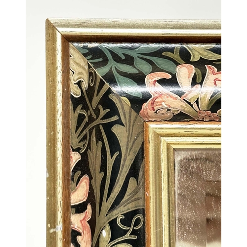 474 - WALL MIRROR, rectangular bevelled with gilded and floral decorated moulded frame, 62cm W x 87cm H.