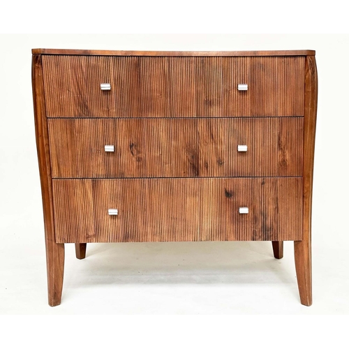 475 - CHEST OF DRAWERS, Art Deco style walnut with three ridge-fronted drawers, 93cm W x 59cm D x 87cm H.