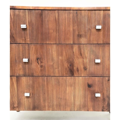 475 - CHEST OF DRAWERS, Art Deco style walnut with three ridge-fronted drawers, 93cm W x 59cm D x 87cm H.