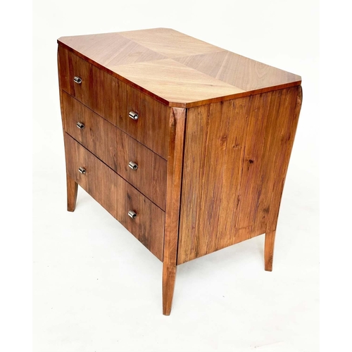 475 - CHEST OF DRAWERS, Art Deco style walnut with three ridge-fronted drawers, 93cm W x 59cm D x 87cm H.