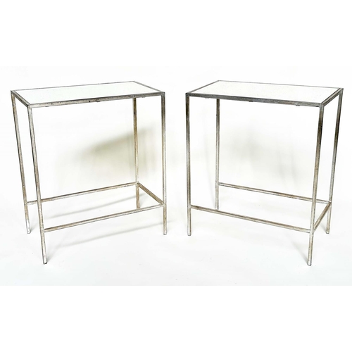 465 - SIDE TABLES, a pair, French style, silvered metal framed and mirror tops, 55cm x 32cm x 75cm H. (2)