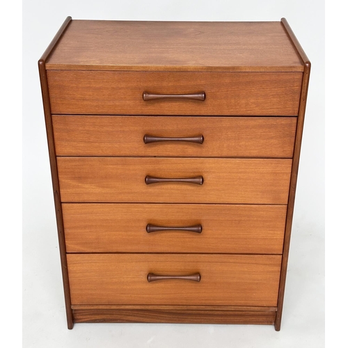 467 - TALL CHEST, 1970s teak with five long drawers and hardwood bale handles, 69cm W x 42cm D x 91cm H.