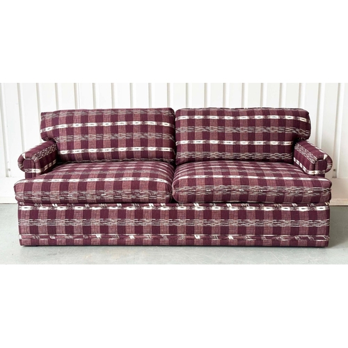 462 - SOFA, Swedish check purple/white upholstery with scroll arms, 203cm W.