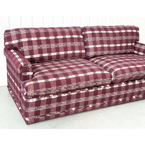 462 - SOFA, Swedish check purple/white upholstery with scroll arms, 203cm W.