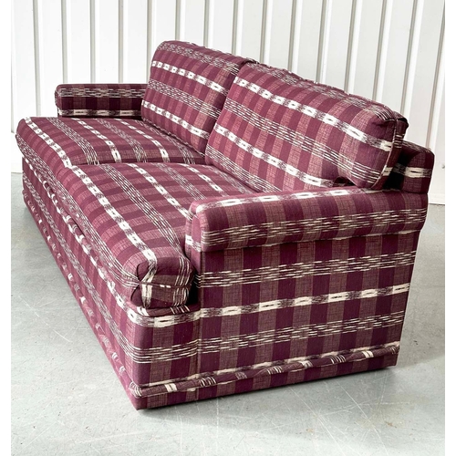 462 - SOFA, Swedish check purple/white upholstery with scroll arms, 203cm W.