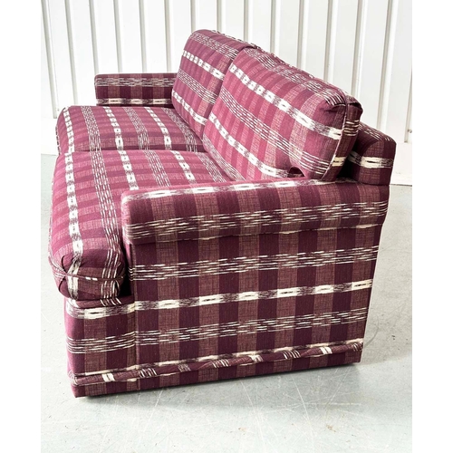 462 - SOFA, Swedish check purple/white upholstery with scroll arms, 203cm W.