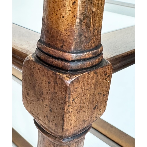 264 - DISPLAY STAND/ETAGERE, walnut with glass shelves and cane panelled undertier, 77cm W x 41cm D x 184c... 