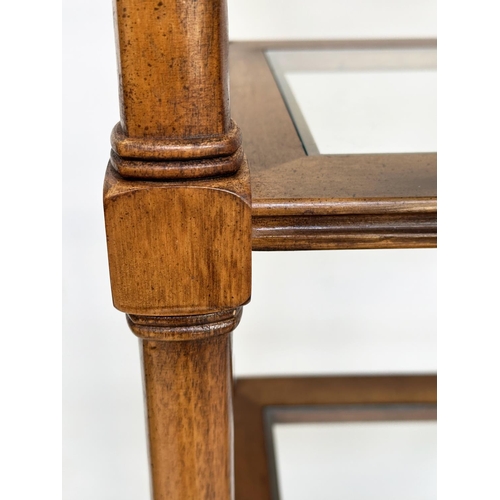 264 - DISPLAY STAND/ETAGERE, walnut with glass shelves and cane panelled undertier, 77cm W x 41cm D x 184c... 