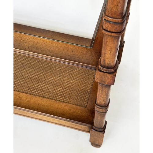 264 - DISPLAY STAND/ETAGERE, walnut with glass shelves and cane panelled undertier, 77cm W x 41cm D x 184c... 
