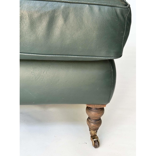 265 - HOWARD STYLE SOFA, natural soft green leather upholstered with turned supports, 95cm H x 210cm W x 1... 