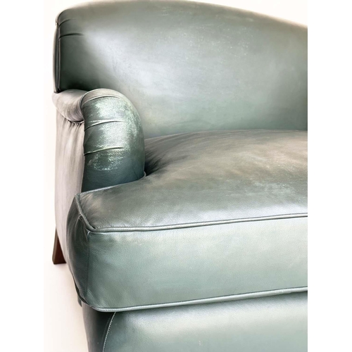 265 - HOWARD STYLE SOFA, natural soft green leather upholstered with turned supports, 95cm H x 210cm W x 1... 