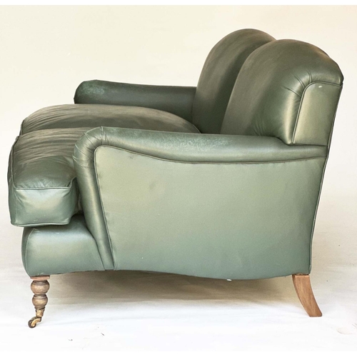 265 - HOWARD STYLE SOFA, natural soft green leather upholstered with turned supports, 95cm H x 210cm W x 1... 