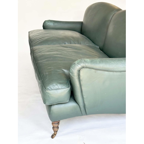265 - HOWARD STYLE SOFA, natural soft green leather upholstered with turned supports, 95cm H x 210cm W x 1... 