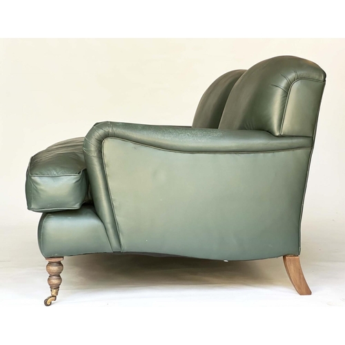 265 - HOWARD STYLE SOFA, natural soft green leather upholstered with turned supports, 95cm H x 210cm W x 1... 