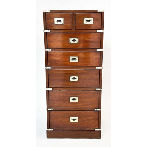 266 - TALL CHEST, campaign style mahogany and brass bound with two short and five long drawers, 46cm W x 3... 