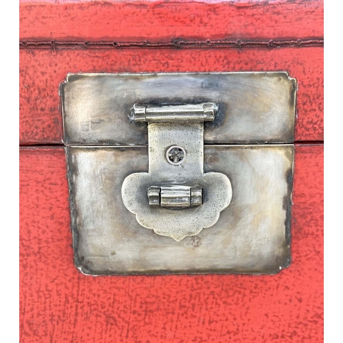 269 - TRUNKS, a pair, Chinese scarlet lacquered and silvered metal mounted each with rising lid, 40cm x 40... 