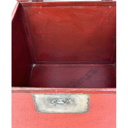 269 - TRUNKS, a pair, Chinese scarlet lacquered and silvered metal mounted each with rising lid, 40cm x 40... 