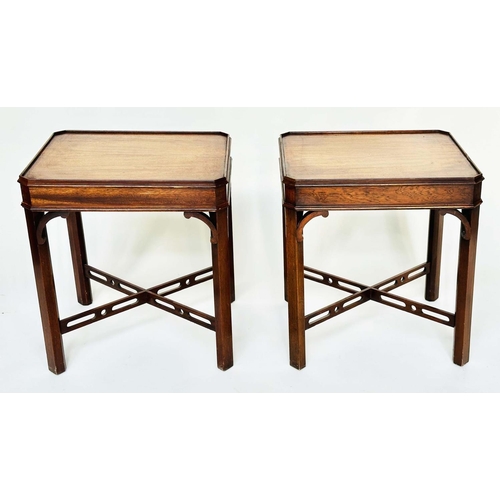 270 - LAMP TABLES, a pair, George III design mahogany each with canted corners and pierced 'X' stretchers,... 
