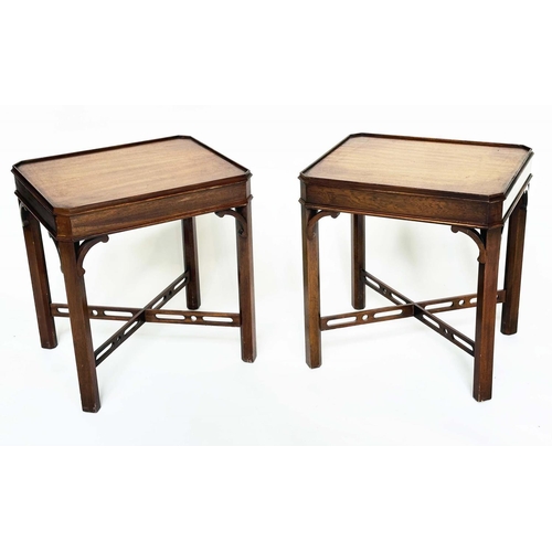 270 - LAMP TABLES, a pair, George III design mahogany each with canted corners and pierced 'X' stretchers,... 