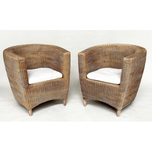 259 - HEALS CONSERVATORY ARMCHAIRS, a pair, rattan framed and cane woven panelled with rounded backs and c... 