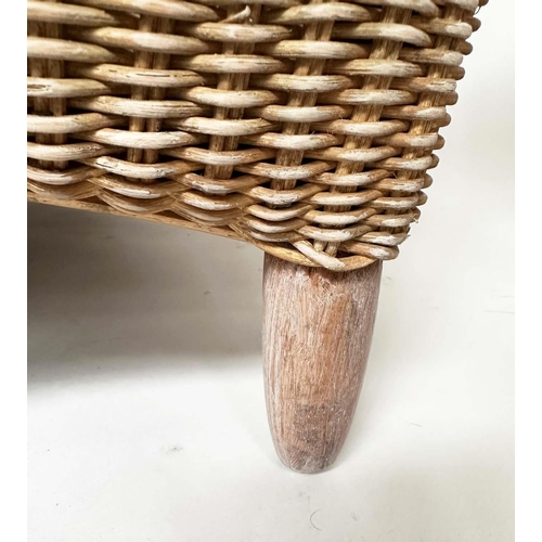 259 - HEALS CONSERVATORY ARMCHAIRS, a pair, rattan framed and cane woven panelled with rounded backs and c... 