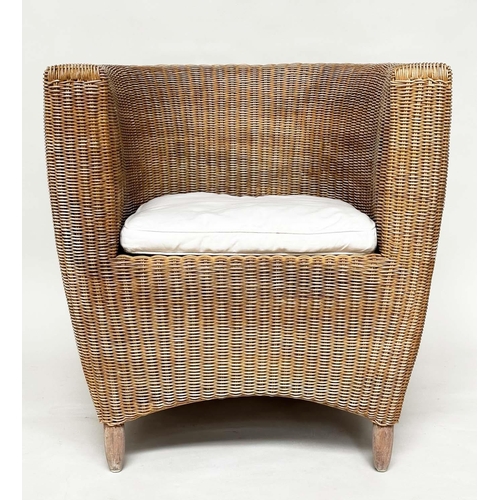259 - HEALS CONSERVATORY ARMCHAIRS, a pair, rattan framed and cane woven panelled with rounded backs and c... 