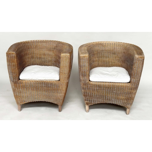 259 - HEALS CONSERVATORY ARMCHAIRS, a pair, rattan framed and cane woven panelled with rounded backs and c... 