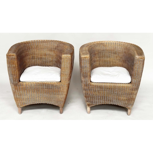 259 - HEALS CONSERVATORY ARMCHAIRS, a pair, rattan framed and cane woven panelled with rounded backs and c... 