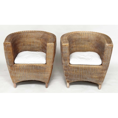 259 - HEALS CONSERVATORY ARMCHAIRS, a pair, rattan framed and cane woven panelled with rounded backs and c... 