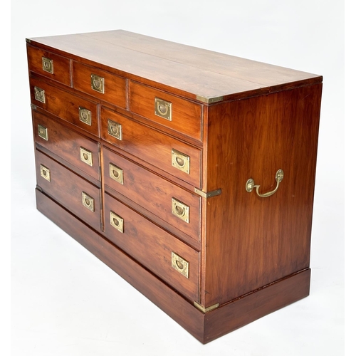 263 - CAMPAIGN STYLE CHEST, yewwood and brass bound with one long drawer above two short drawers, (all dra... 