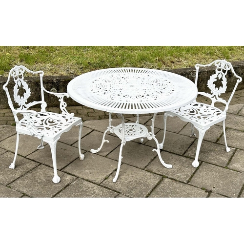 255 - GARDEN TABLE AND CHAIRS, Victorian style distressed white painted, circular with two associated side... 