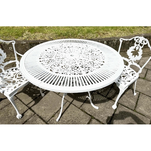 255 - GARDEN TABLE AND CHAIRS, Victorian style distressed white painted, circular with two associated side... 