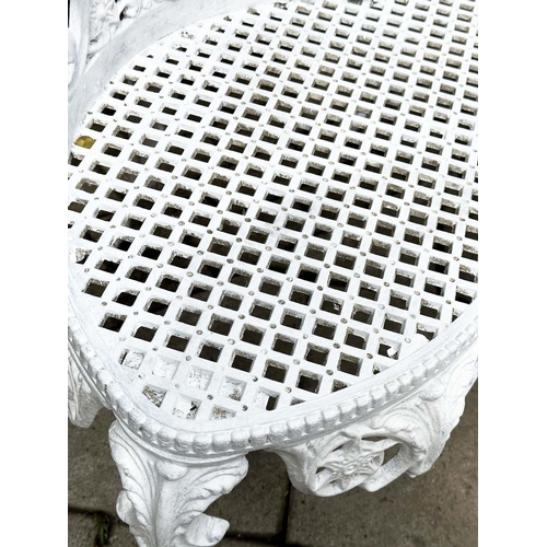 256 - GARDEN BENCH, Victorian style white painted cast aluminium with all over pierced decoration, 136cm W... 