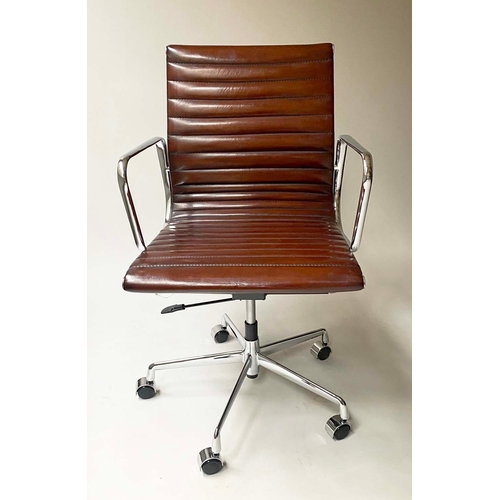 246 - REVOLVING DESK CHAIR, Charles & Ray Eames inspired with ribbed natural soft hand finished tan brown ... 