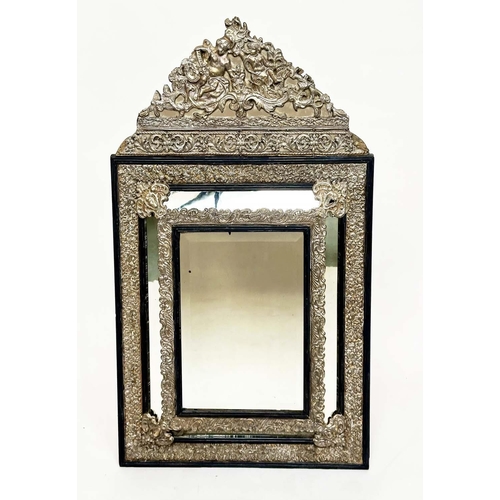 249 - WALL MIRROR, 19th century Flemish repoussé silvered metal and ebonised with cushion and bevelled mar... 