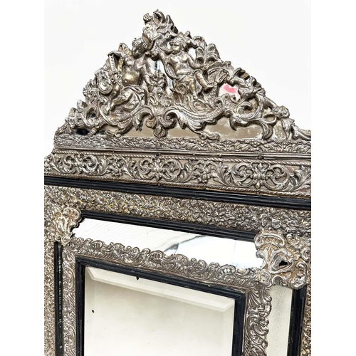 249 - WALL MIRROR, 19th century Flemish repoussé silvered metal and ebonised with cushion and bevelled mar... 