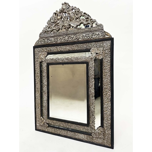 249 - WALL MIRROR, 19th century Flemish repoussé silvered metal and ebonised with cushion and bevelled mar... 