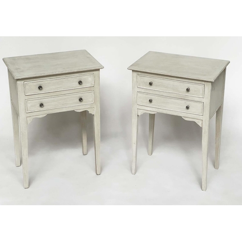250 - BEDSIDE/LAMP TABLES, a pair, French style grey painted each with two drawers, 45cm x 30cm x 64cm H. ... 