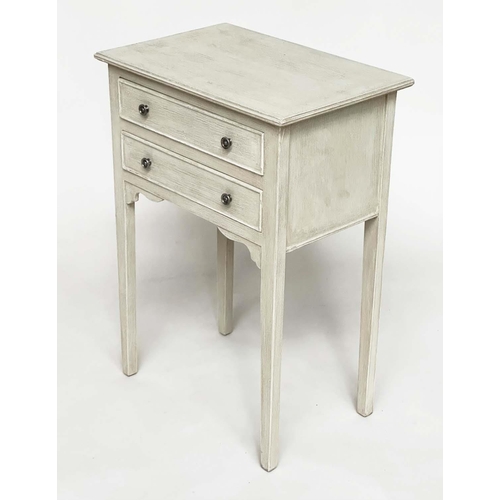250 - BEDSIDE/LAMP TABLES, a pair, French style grey painted each with two drawers, 45cm x 30cm x 64cm H. ... 