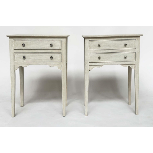 250 - BEDSIDE/LAMP TABLES, a pair, French style grey painted each with two drawers, 45cm x 30cm x 64cm H. ... 