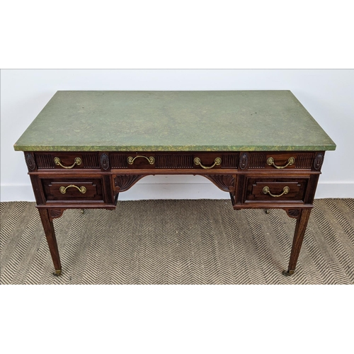 183 - DESK, Edwardian, with an associated green painted marble top on a mahogany base with five drawers an... 