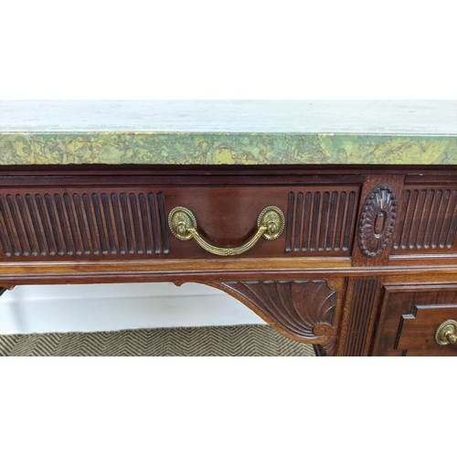 183 - DESK, Edwardian, with an associated green painted marble top on a mahogany base with five drawers an... 