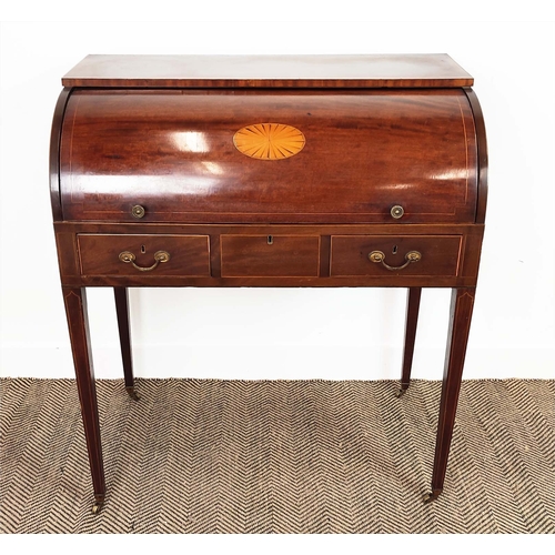 100 - CYLINDER DESK, 19th century Georgian Revival mahogany and satinwood with inlaid fall enclosing drawe... 