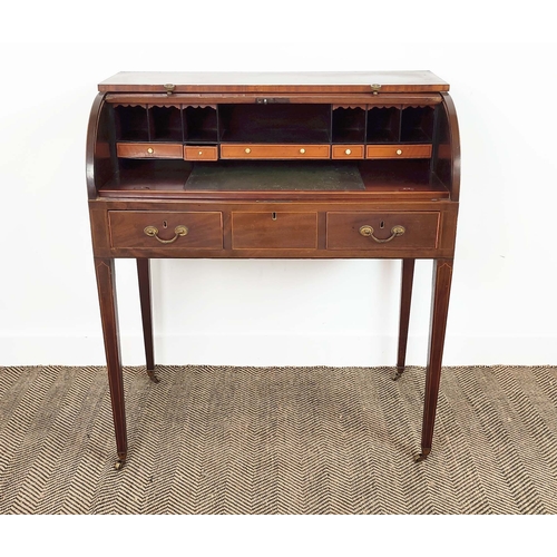 100 - CYLINDER DESK, 19th century Georgian Revival mahogany and satinwood with inlaid fall enclosing drawe... 