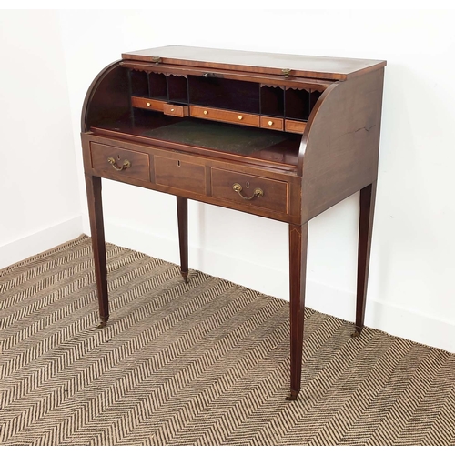 100 - CYLINDER DESK, 19th century Georgian Revival mahogany and satinwood with inlaid fall enclosing drawe... 