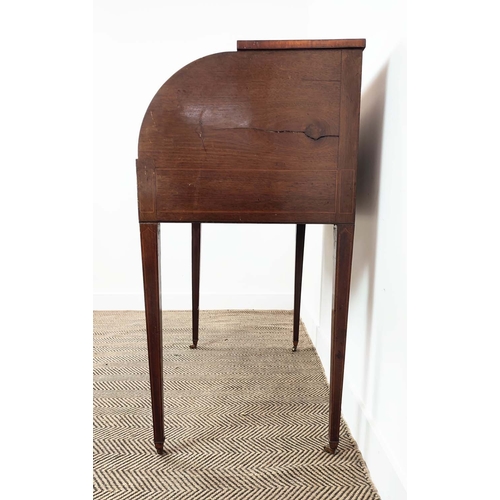 100 - CYLINDER DESK, 19th century Georgian Revival mahogany and satinwood with inlaid fall enclosing drawe... 